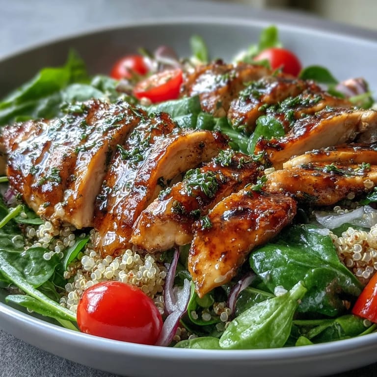 Close-up of vibrant Lemon Herb Grilled Chicken Salad with quinoa, showing juicy grilled chicken slices and crisp red onion.
