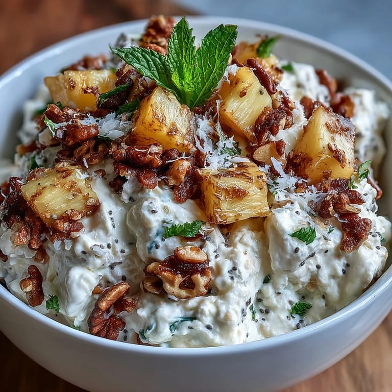 Overhead view of a Cottage Cheese Breakfast Bowl with Pineapple and Granola, featuring creamy cottage cheese and a sprinkle of crunchy granola.