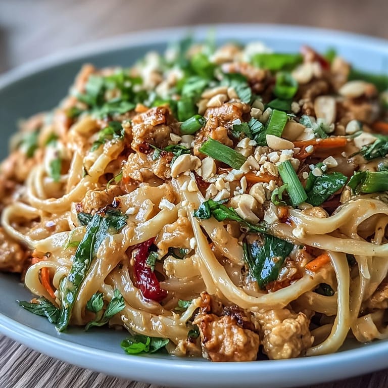 Vibrant peanut noodle bowls featuring tender rice noodles, colorful veggies, and savory ground chicken.