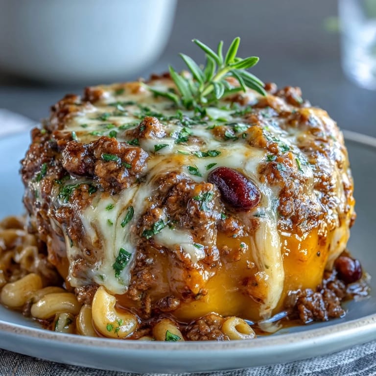 A close-up shot of individual baked chili mac stuffed peppers, highlighting the melted cheese topping and the savory pasta filling inside a vibrant red pepper.
