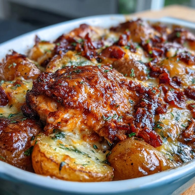Hearty Buffalo Ranch Chicken Potato Bake topped with melted cheddar, juicy chicken, baby potatoes, and a spicy ranch drizzle for ultimate comfort food.