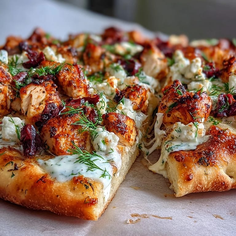 Mediterranean-style naan pizza with lemon chicken, tzatziki sauce, and fresh herb garnish.