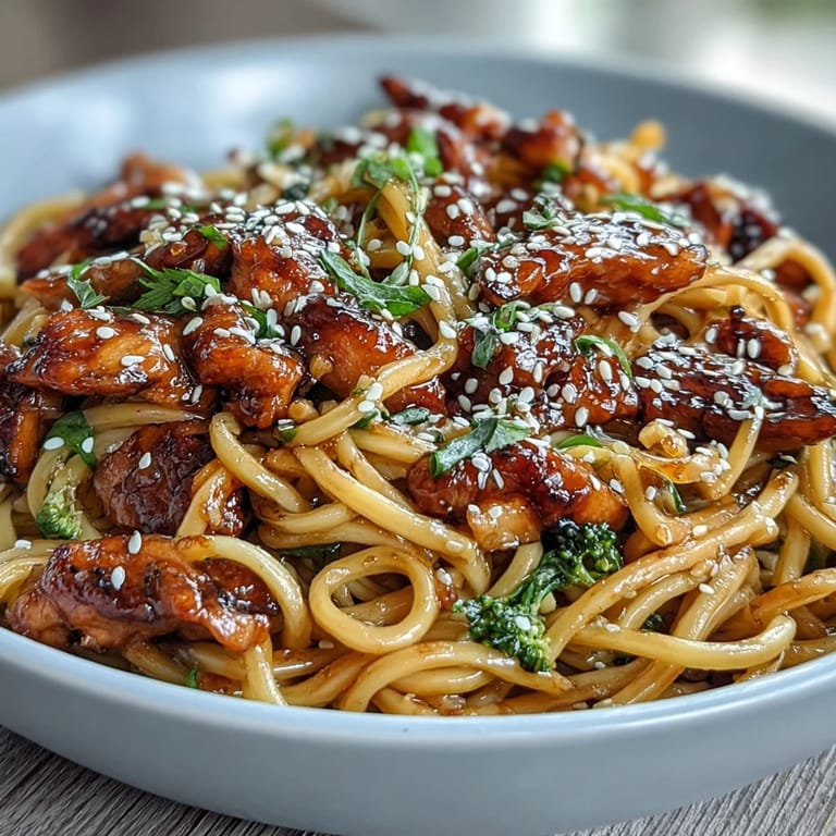 Savory sticky garlic chicken noodles tossed with egg noodles, colorful vegetables, and sesame seeds for a satisfying Asian-inspired dinner.  