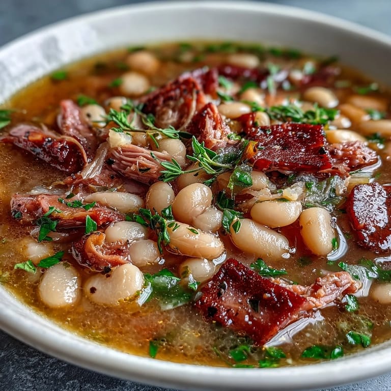 Hearty Ham and Navy Bean Soup with Fresh Thyme, featuring tender beans, savory ham, and aromatic herbs in a rustic farmhouse setting.
