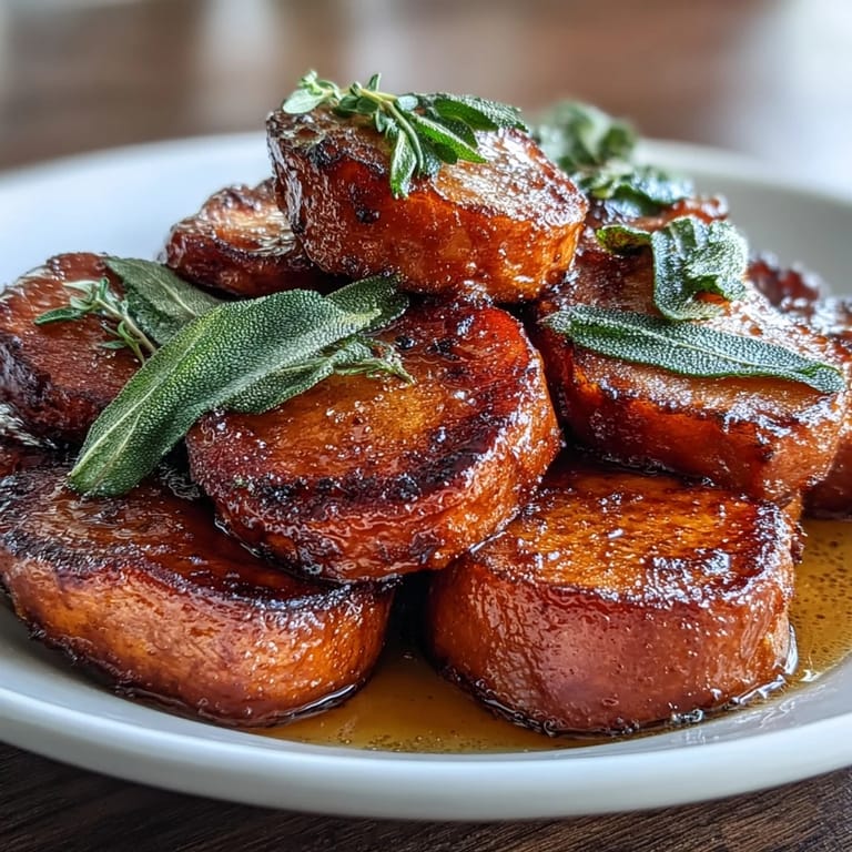 Oven-baked candied yams with brown butter and fresh sage, caramelized to perfection for a comforting Thanksgiving side.
