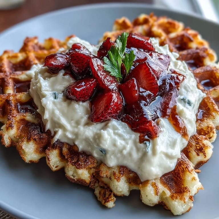 Crispy golden waffles in heart shapes, layered with a light cottage cheese whip and sweet, tangy strawberries—an elegant yet easy breakfast favorite.