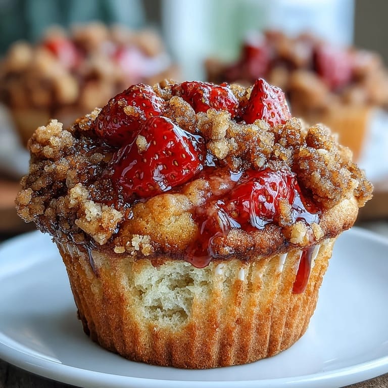Fluffy sourdough muffins bursting with fresh strawberries and crowned with a buttery, golden crumb topping.