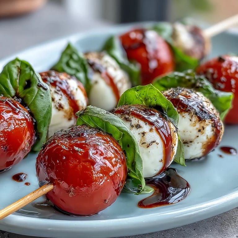 Picnic Caprese Skewers with Balsamic Drizzle: Juicy cherry tomatoes and creamy mozzarella alternate with fragrant basil on skewers, finished with a glossy balsamic glaze.