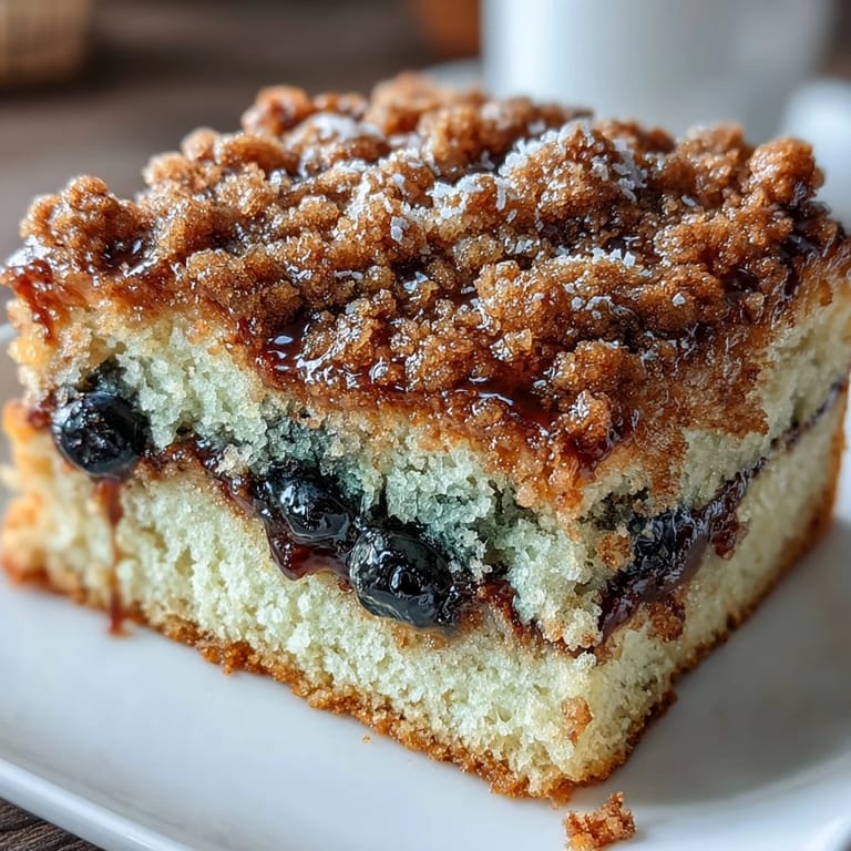 Golden coffee cake squares bursting with fresh blueberries, lemon zest, and tangy sourdough, topped with a cinnamon streusel crumble.  