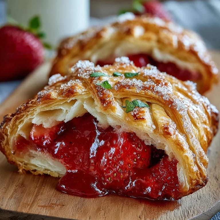 Flaky pastry hand pies filled with juicy strawberries and topped with a woven lattice design, ideal for dessert on the go.