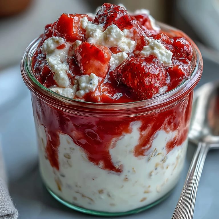 Overnight oats recipe featuring Greek yogurt and chia seeds, topped with sweet strawberry swirl and fresh berries.