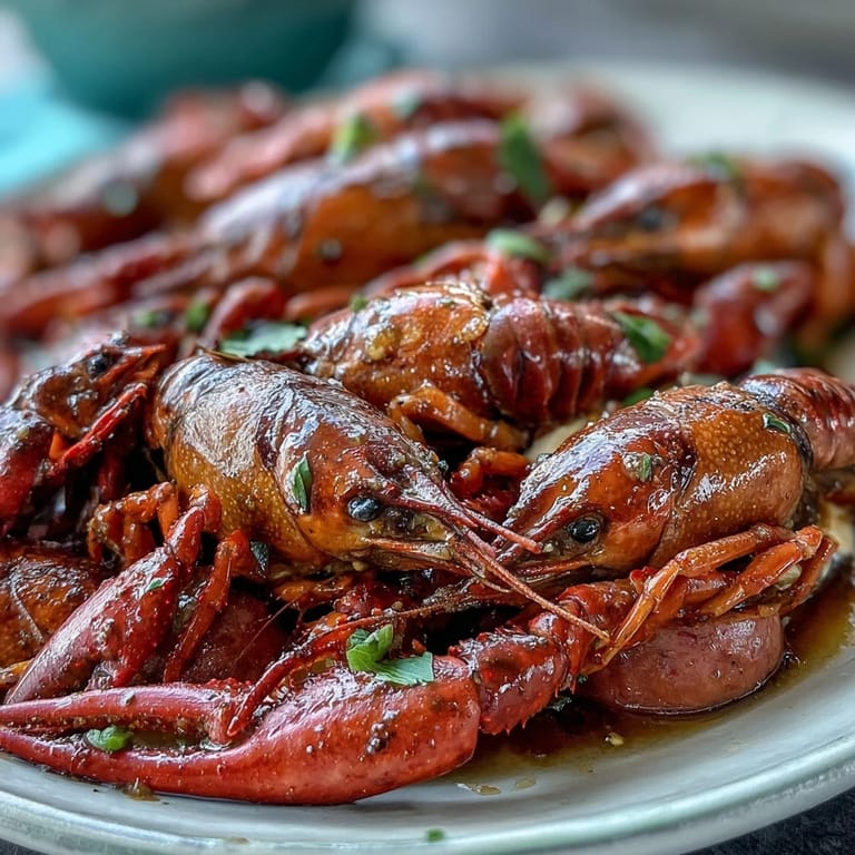 A festive Southern seafood feast featuring boiled crawfish, smoky sausage, and fresh vegetables, perfect for sharing with friends and family.  