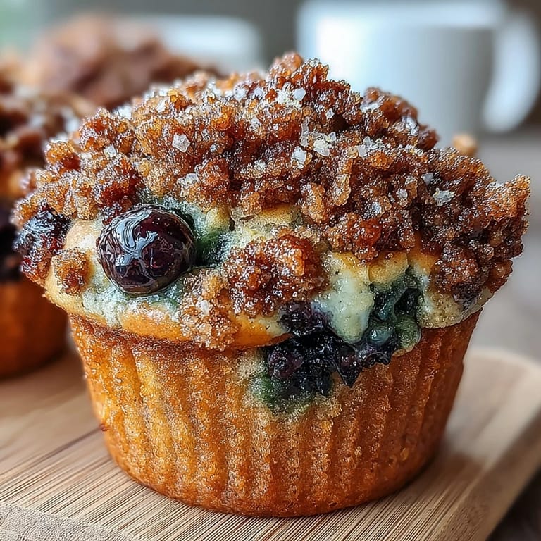 Tangy lemon and sweet blueberry sourdough muffins topped with crunchy streusel, perfect for breakfast or an afternoon snack treat.