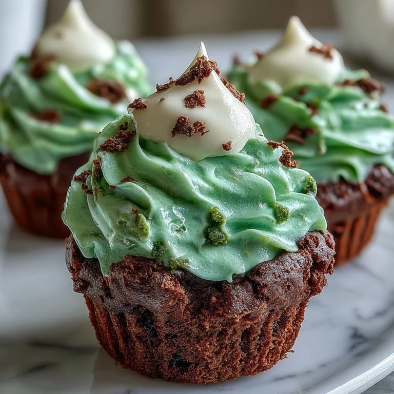 Festive green velvet cupcakes topped with tangy cream cheese frosting, ideal for sharing on St. Patricks Day.