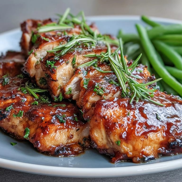 Juicy chicken breasts coated in honey-mustard sauce, paired with tender-crisp green beans for a wholesome, easy dinner that's both colorful and satisfying.