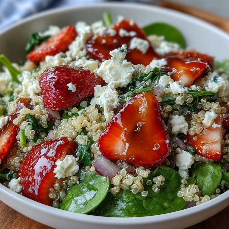 Fresh Strawberry Feta Quinoa Salad with spinach, cucumbers, and toasted almonds, drizzled with a sweet-tangy balsamic vinaigrette.
