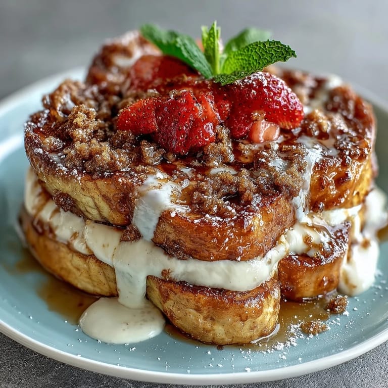 Easy Strawberry French Toast Bake layered with brioche, sweet strawberries, and vanilla custard, topped with cinnamon crumble and dusted with powdered sugar.