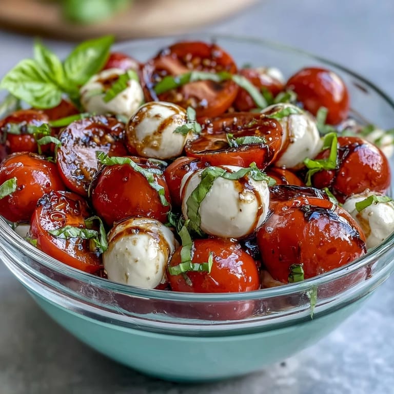 Layered Mason Jar Caprese Salad featuring juicy tomatoes, basil leaves, and mozzarella balls in tangy balsamic dressing.