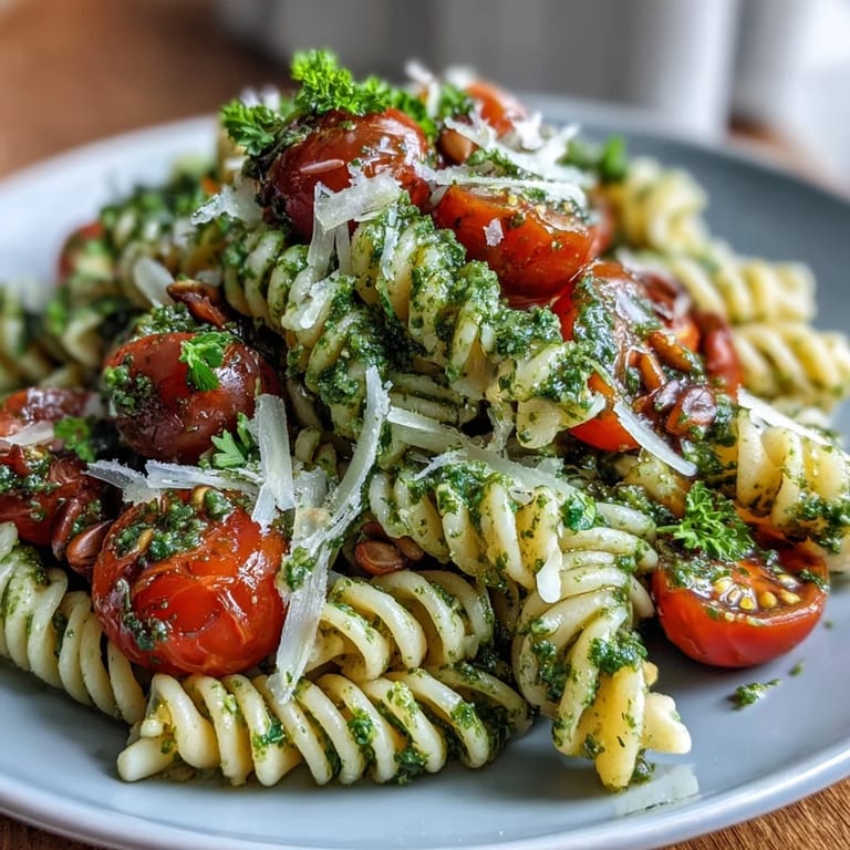 Creamy homemade pesto coats al dente pasta in this easy summer pasta salad with cherry tomatoes, arugula, and parmesan shavings.  