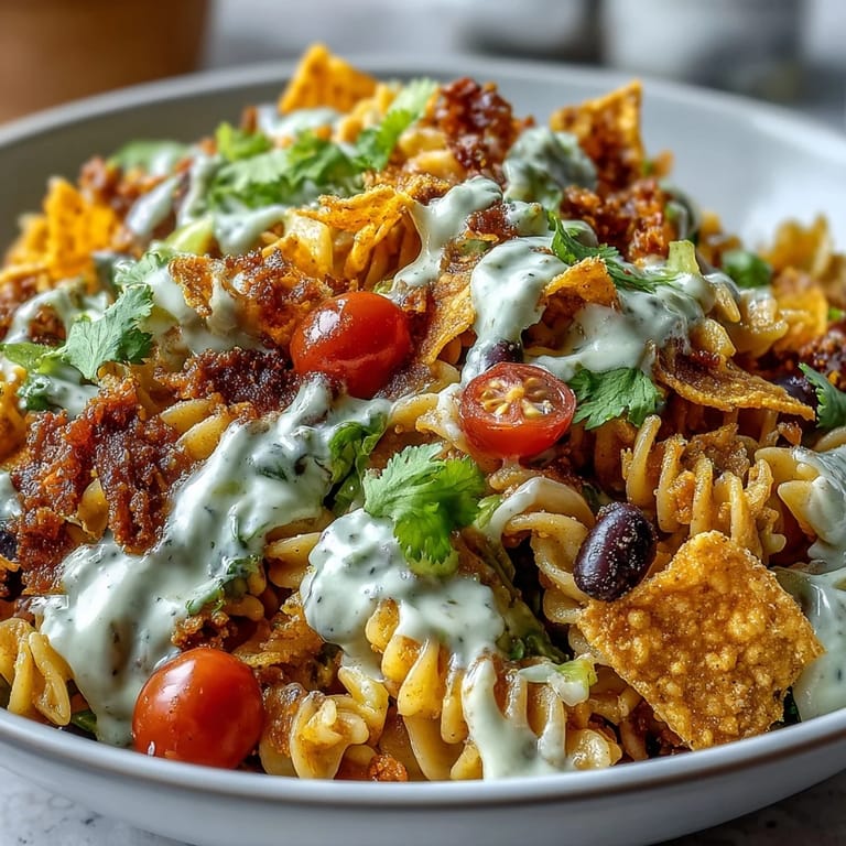 Hearty Taco Pasta Salad with Doritos and Avocado Ranch, featuring crunchy corn chips, diced tomatoes, and cheddar cheese.