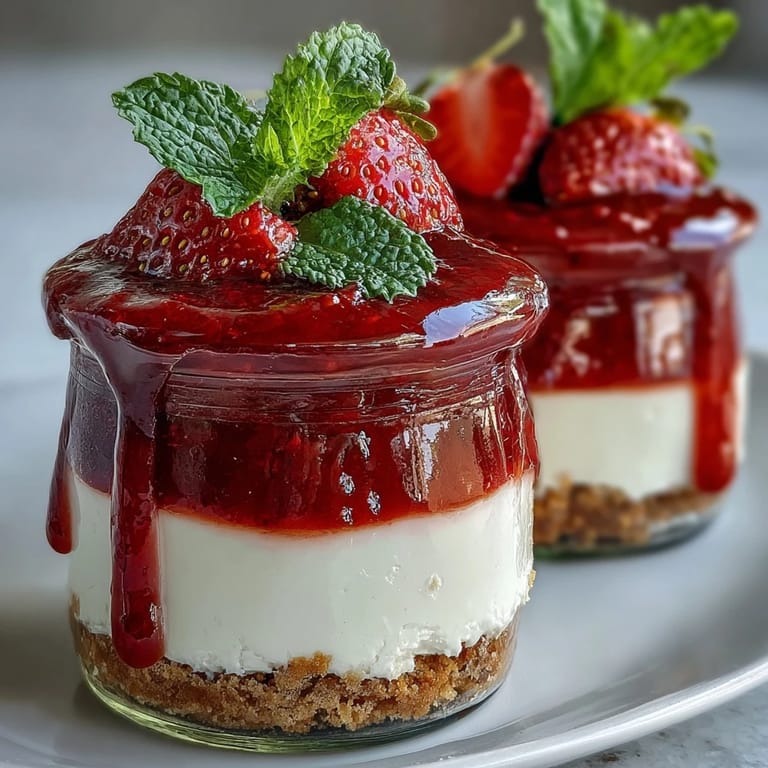 Bright and creamy No-Bake Strawberry Cheesecake Jars with a buttery graham cracker base and vibrant fruit topping, perfect for parties or picnics.