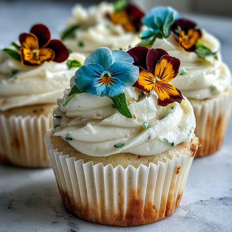 Colorful edible flowers adorn these soft vanilla cupcakes, perfect for spring celebrations or special occasions.  