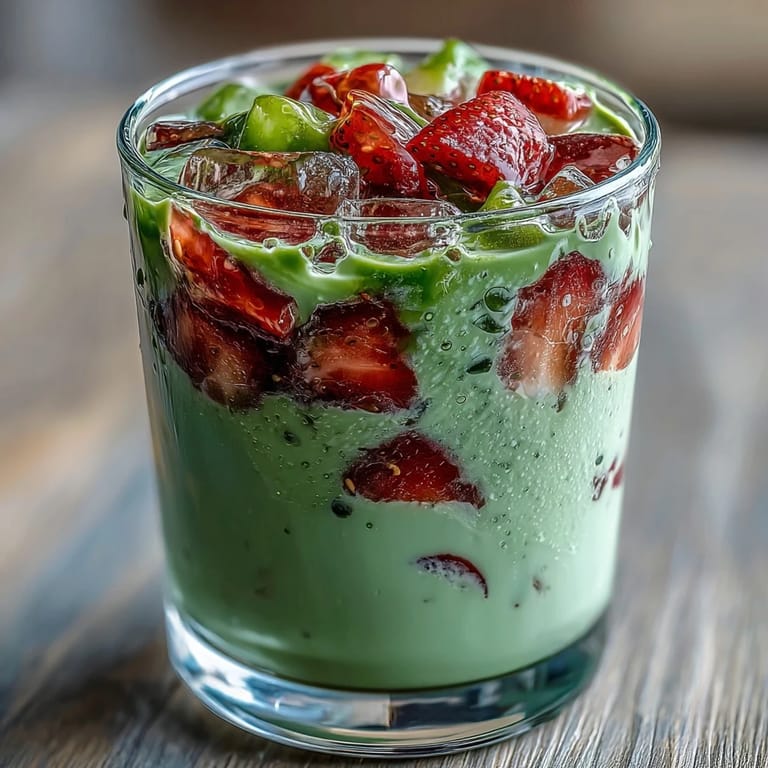 Beautifully layered strawberry matcha latte with bright red puree and earthy green matcha.