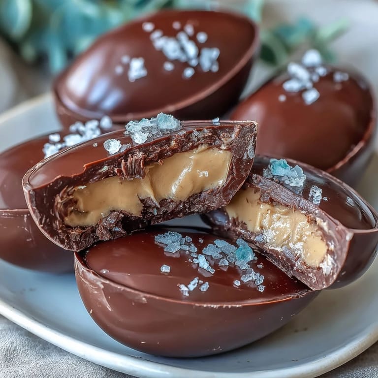Smooth dark chocolate shells encase rich peanut butter centers, finished with flaky sea salt for a sweet-salty homemade Easter candy delight.
