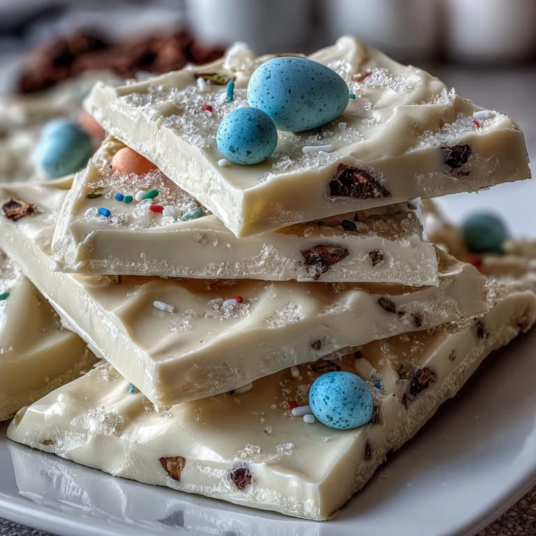Creamy white chocolate bark adorned with pastel Easter eggs and pistachios, a delightful no-bake dessert for holiday gatherings.