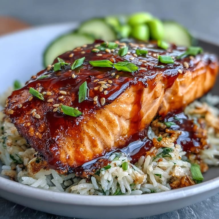Glazed teriyaki salmon served in a bowl with steamed rice, edamame, and cucumber, topped with sesame seeds and green onion.