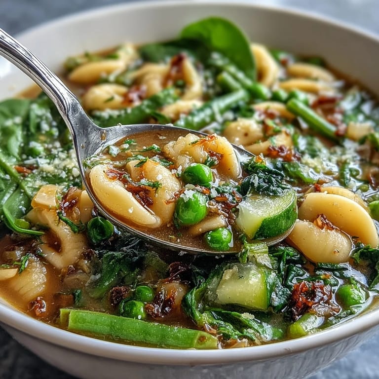 Light and nourishing Spring Minestrone featuring crisp green beans, zucchini, and peas in a savory vegetable broth.