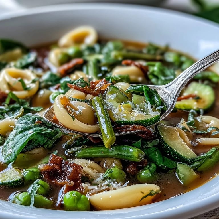 A steaming bowl of Spring Minestrone filled with colorful seasonal vegetables, tender pasta, and fragrant herbs.