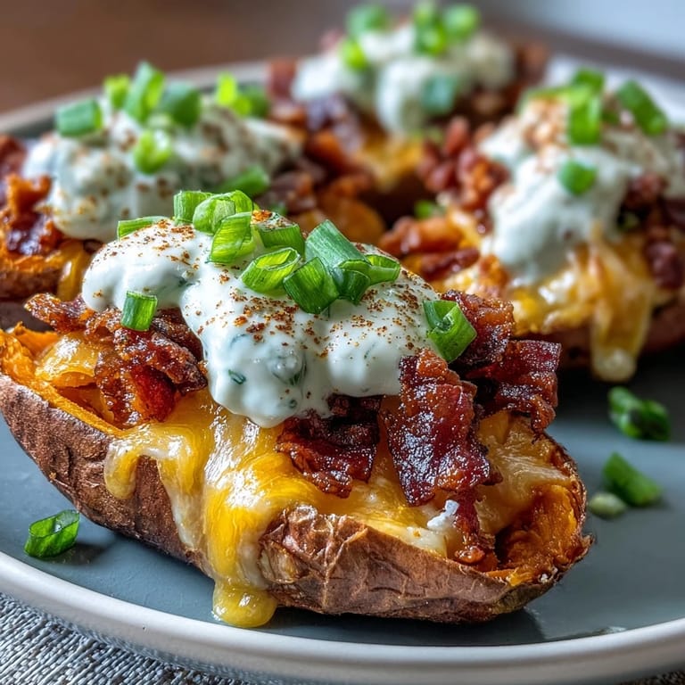 Twice-baked sweet potato skins filled with gooey cheese, crispy bacon, and creamy sour cream, ideal for game day snacking.