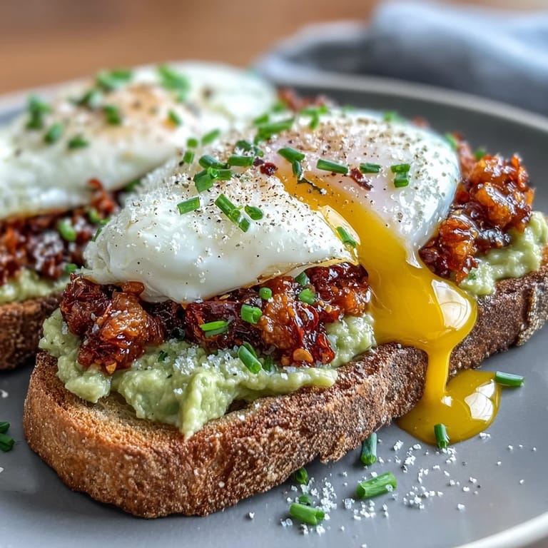 Golden toasted sourdough layered with smashed avocado, poached egg, and a generous spoonful of crunchy chili crisp for a bold brunch.