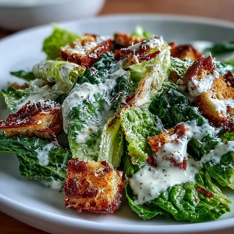 Classic Caesar salad reimagined with tahini dressing, crisp lettuce, juicy tomatoes, and golden croutons for a creamy, tangy bite.