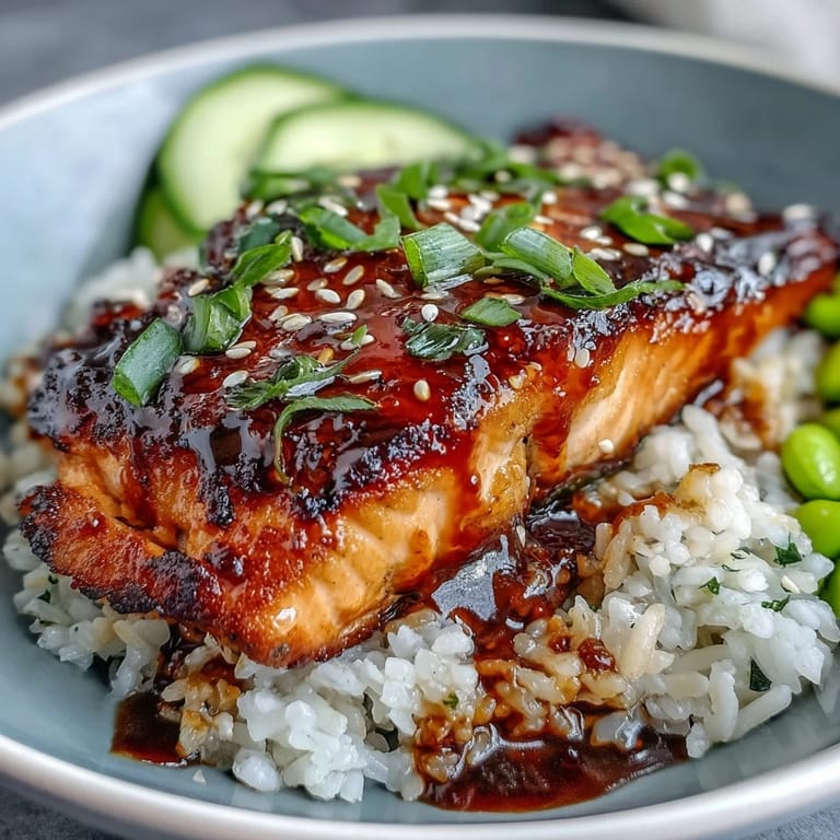 Warm teriyaki-glazed salmon fillets over jasmine rice, garnished with bright edamame and fresh cucumber for a balanced meal.