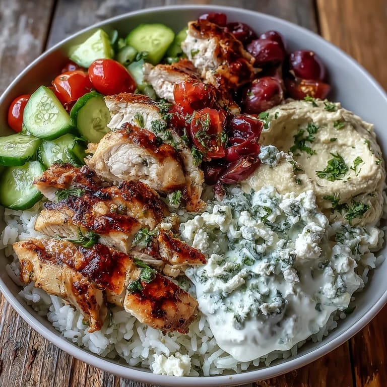 Savory grilled Greek chicken bowls layered with fresh produce, fluffy rice, and dips.
