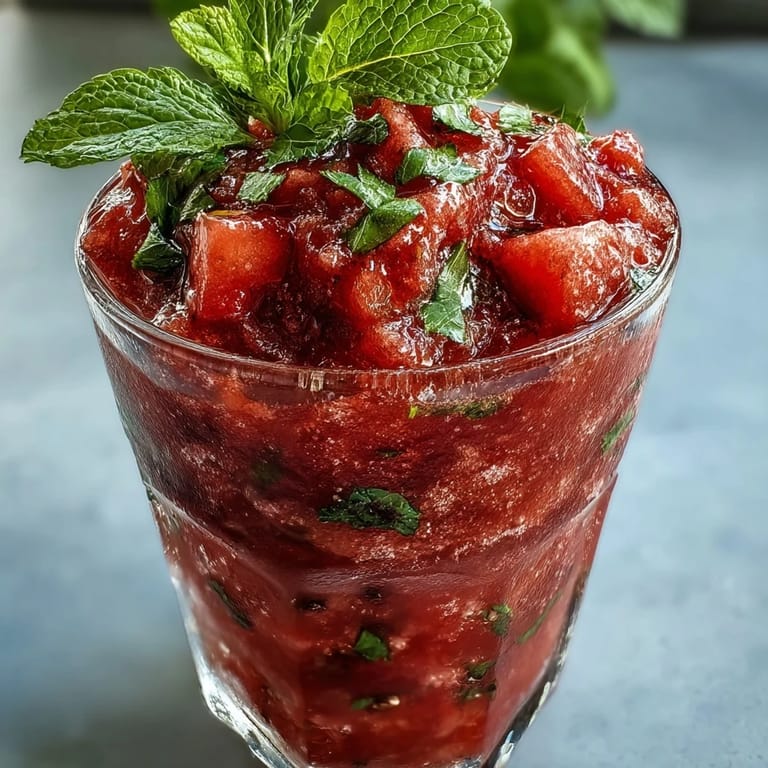 Luscious Watermelon Mint Frosé, a pale pink frozen treat garnished with fresh mint.