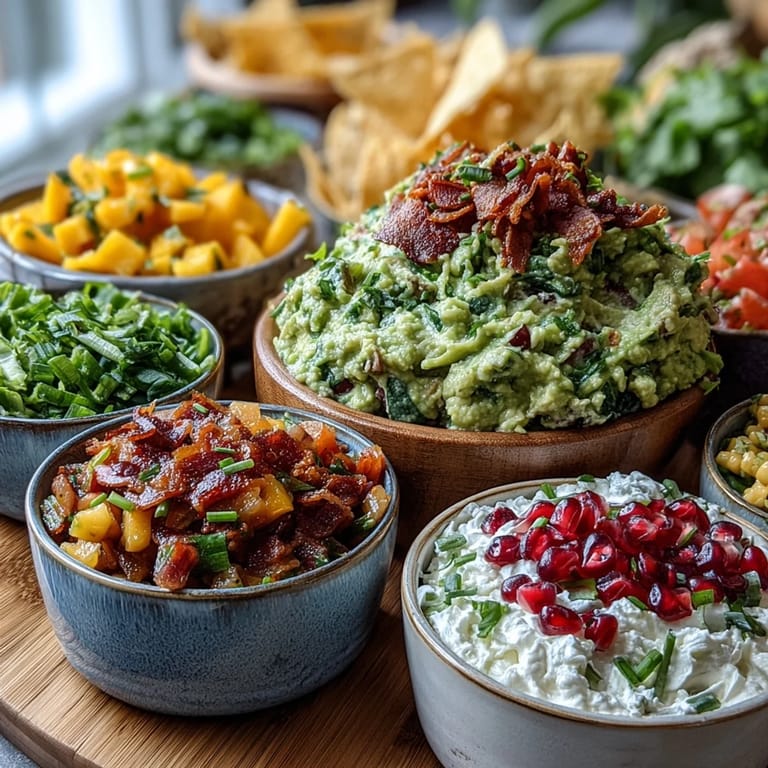 Delicious guacamole paired with five colorful toppings, perfect for party dipping.