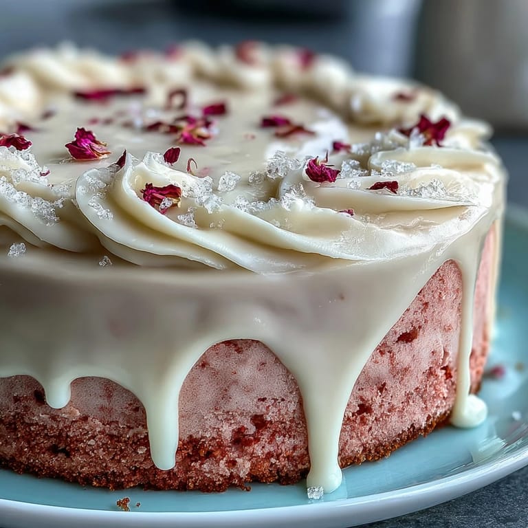 Decadent Rosé Velvet Cake, perfect for celebrations, featuring cream cheese frosting.