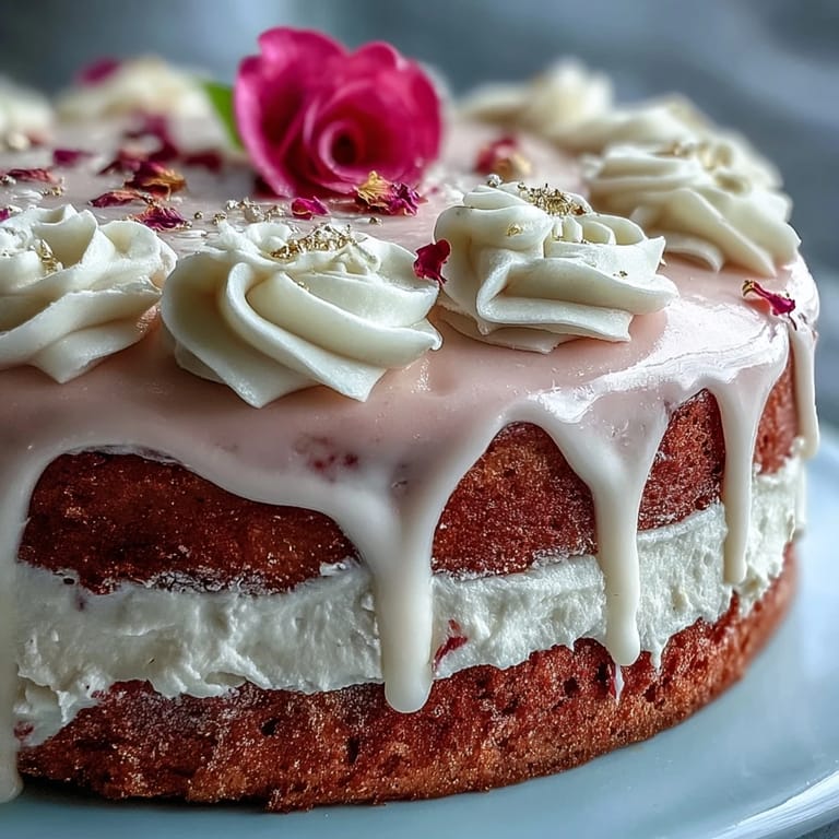 Fluffy Bridal Shower Rosé Velvet Cake, featuring a decadent white chocolate drip.