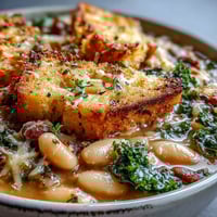Hearty Tuscan Ribollita soup with white beans, kale, and crisp sourdough croutons in a rustic bowl.