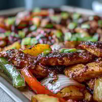 Juicy chicken, sweet pineapple, and colorful bell peppers roasted together on a sheet pan for a tangy, vibrant fajita meal.