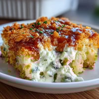 Cheesy jalapeño funeral potatoes with golden cornflake topping in a casserole dish, perfect for potlucks or family gatherings.