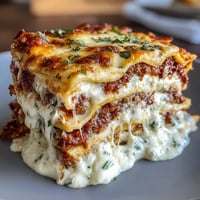Ultimate Comfort Food Lasagna with Ricotta featuring rich meat sauce, creamy ricotta, and gooey mozzarella cheese, baked until bubbly and golden.