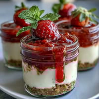 No-Bake Strawberry Cheesecake Jars filled with creamy layers and fresh strawberry compote, served in glass jars for a stunning spring dessert.
