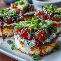 Spicy tuna crispy rice topped with creamy, spicy tuna and garnished with avocado slices for a sushi bar favorite at home.